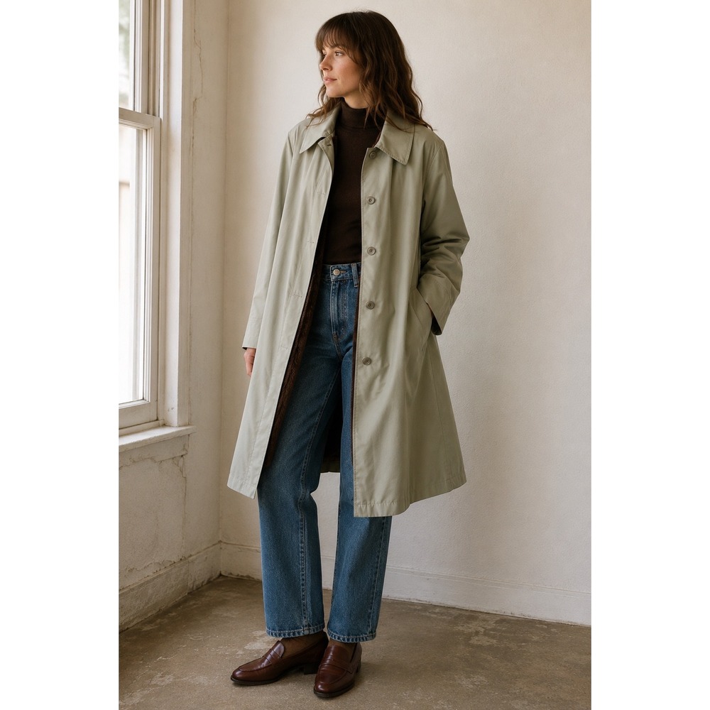 Vintage Windsor Bay Khaki Long Coat L XL Removable Hood Brown Plush Lined